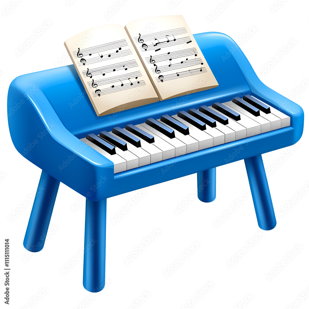 Bright blue toy piano with sheet music placed open on the stand for a fun music lesson at home Bright blue toy piano with sheet music placed open on the stand for a fun music lesson at home