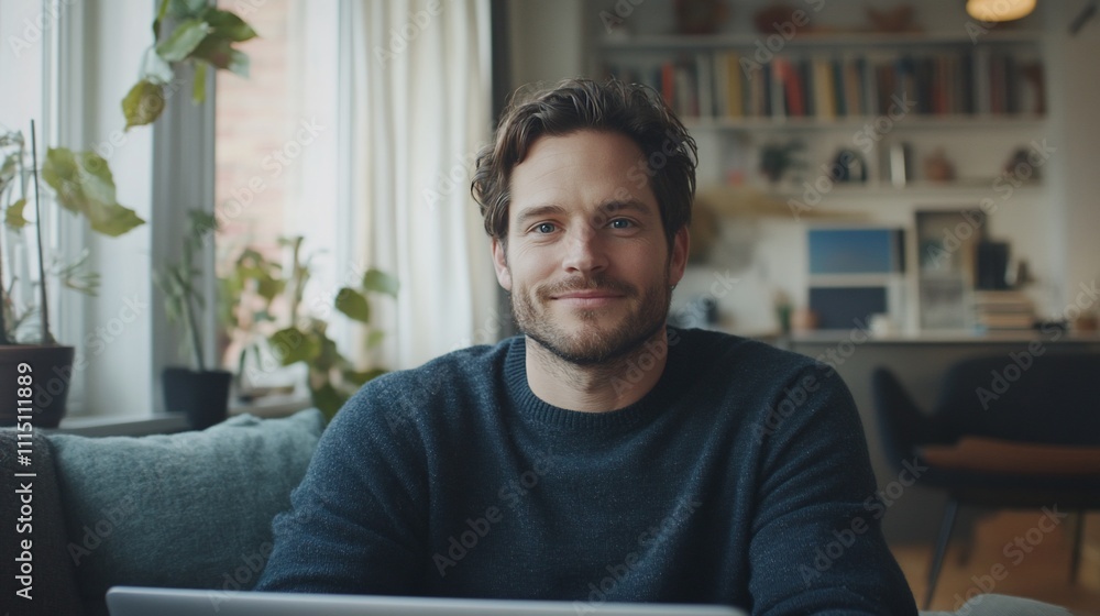 Relaxed young man smiling at laptop, sitting on a couch in a modern home. Relaxed young man smiling at laptop, sitting on a couch in a modern home.