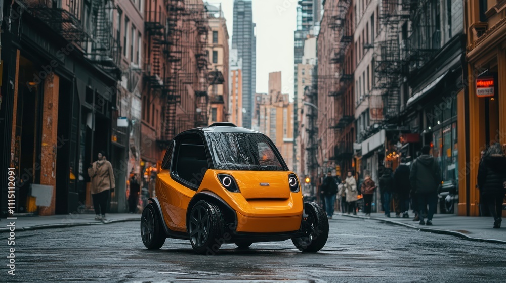 Fototapeta premium A compact hydrogen-powered microcar navigating a crowded urban street with agility and zero emissions