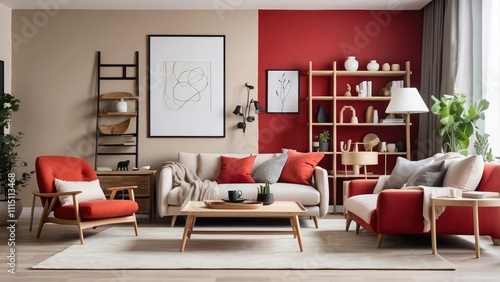 Using a mock-up poster frame, a red armchair, a beige sofa, a wooden coffee table, a white rack, a ladder, a palid, and personal items, the living room's decor is creatively designed. Interior design photo