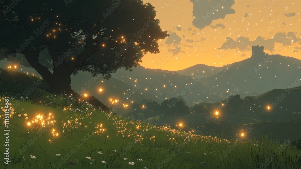 A serene landscape at sunset, featuring glowing light, hill, and a distant castle. A serene landscape at sunset, featuring glowing light, hill, and a distant castle.