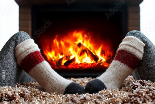 hyper realistic photo of  Woman legs with christmas wool socks and fireplace  , isolated on white background,  , copy space, copy space for text, photo