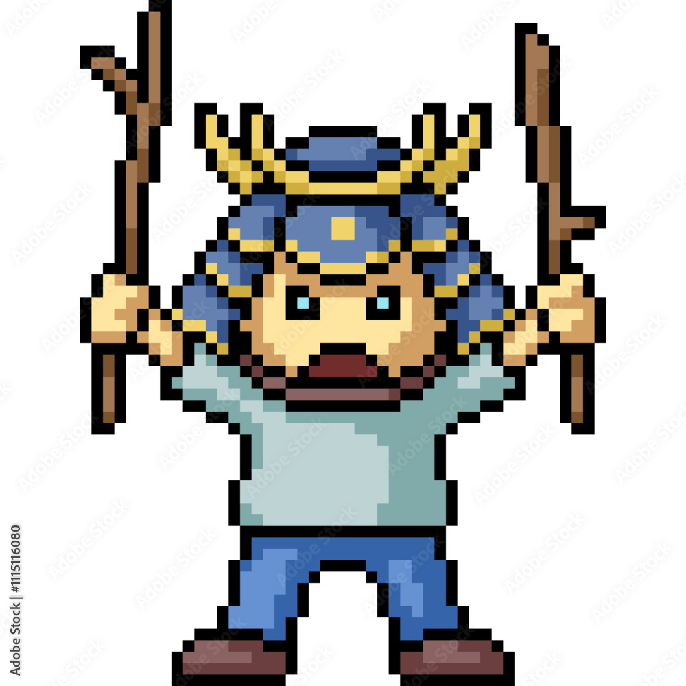Obraz premium pixel art of kid play samurai