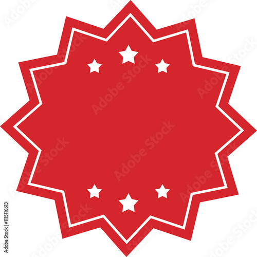 Blank Red Round Starburst Edged Label with White Borders. Flat Design Illustration. 