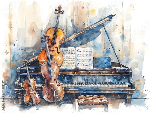 Elegant musical instruments displayed in a cozy home setting watercolor artwork artistic environment intimate viewpoint