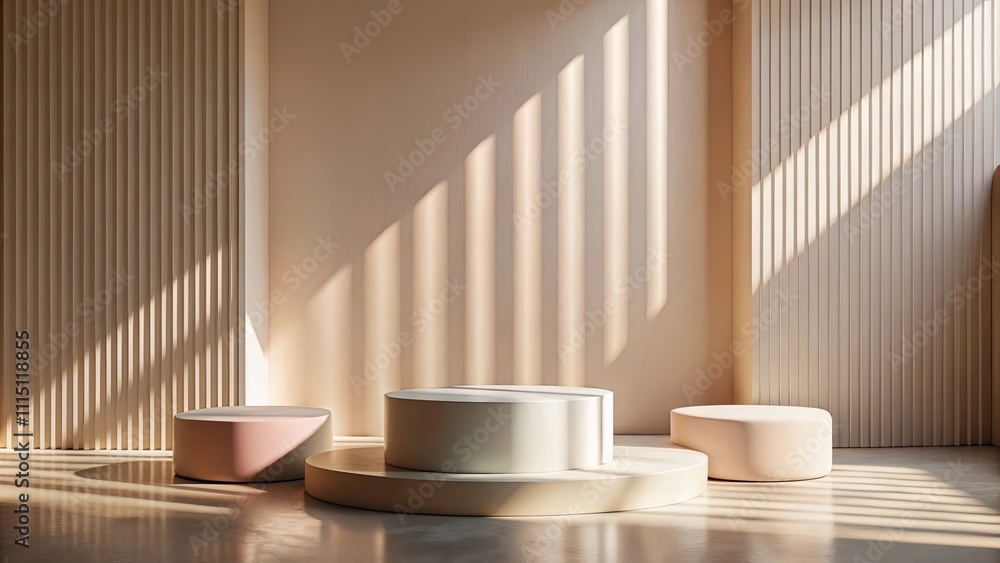 Sunlit Minimalist Display with Three Pastel Cylindrical Platforms Sunlit Minimalist Display with Three Pastel Cylindrical Platforms