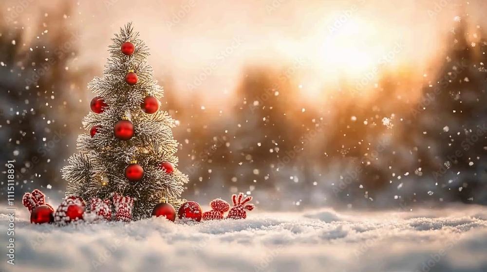 Small Christmas tree with red ornaments in snowy winter landscape at sunset. Small Christmas tree with red ornaments in snowy winter landscape at sunset.