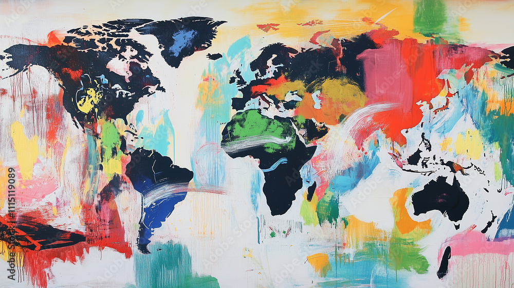 Vibrant abstract world map with bold brush strokes symbolizing global diversity and art. Vibrant abstract world map with bold brush strokes symbolizing global diversity and art.