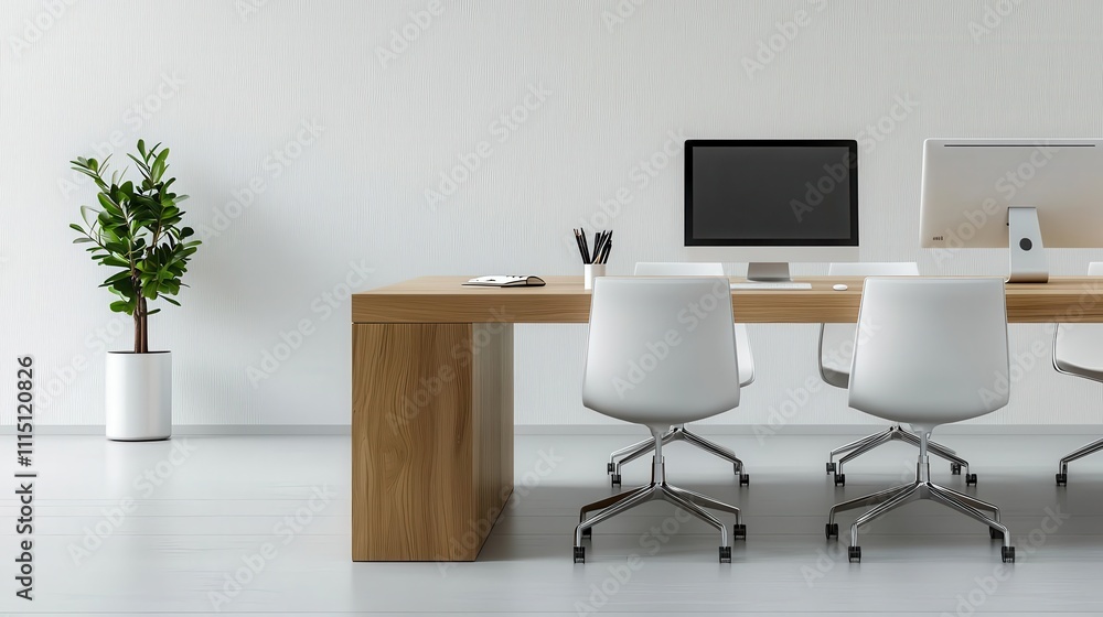 Executive desk in a bright office, only a desktop computer and notebook, Executive desk, simplicity in workspace Executive desk in a bright office, only a desktop computer and notebook, Executive desk, simplicity in workspace