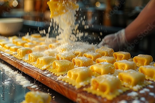 Freshly Made Ravioli Being Sprinkled with Flour in a Beautiful Culinary Setting Showcasing the Art of Pasta Preparation and Italian Cuisine Excellence photo