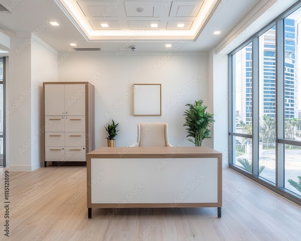 Fototapeta premium Bright, open executive office with a minimal desk and floortoceiling windows, Executive office, open space minimalism