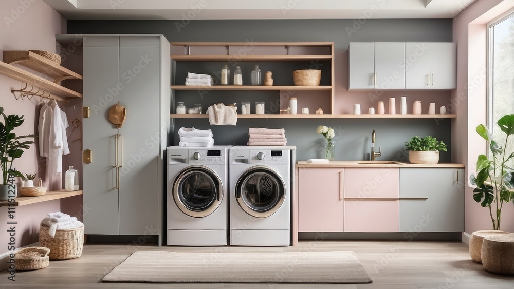 The interior of a contemporary laundry room including a wooden gray cabinet painted in pastel gray- The interior of a contemporary laundry room including a wooden gray cabinet painted in pastel gray-