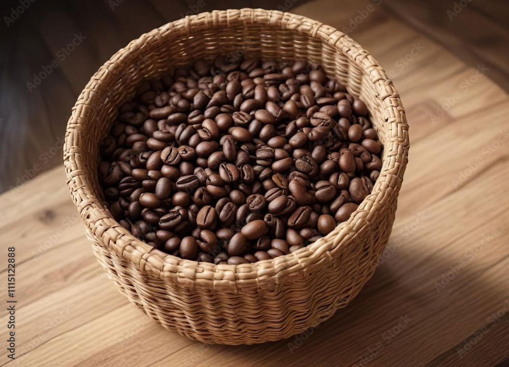 Fototapeta premium Coffee beans arranged in a wicker basket on a wooden table , kitchen, coffee shop