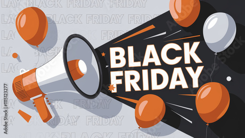 Festive Black Friday promotion design with megaphone, orange and white balloons, and text pattern