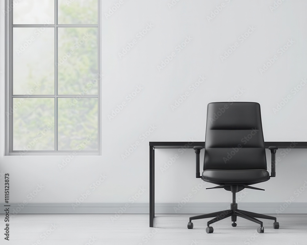 Minimalist executive office with sleek desk, black leather chair, open windows, Executive desk, modern office minimalism Minimalist executive office with sleek desk, black leather chair, open windows, Executive desk, modern office minimalism