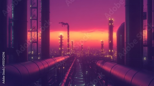 Industrial Refinery at Sunset with Illuminated Pipelines and Towers Creating a Futuristic Urban Skyline photo