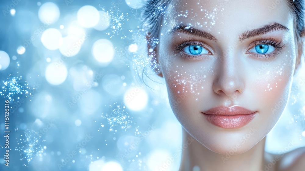 Close-up Portrait of a Woman with Blue Eyes and Sparkling Skin Close-up Portrait of a Woman with Blue Eyes and Sparkling Skin