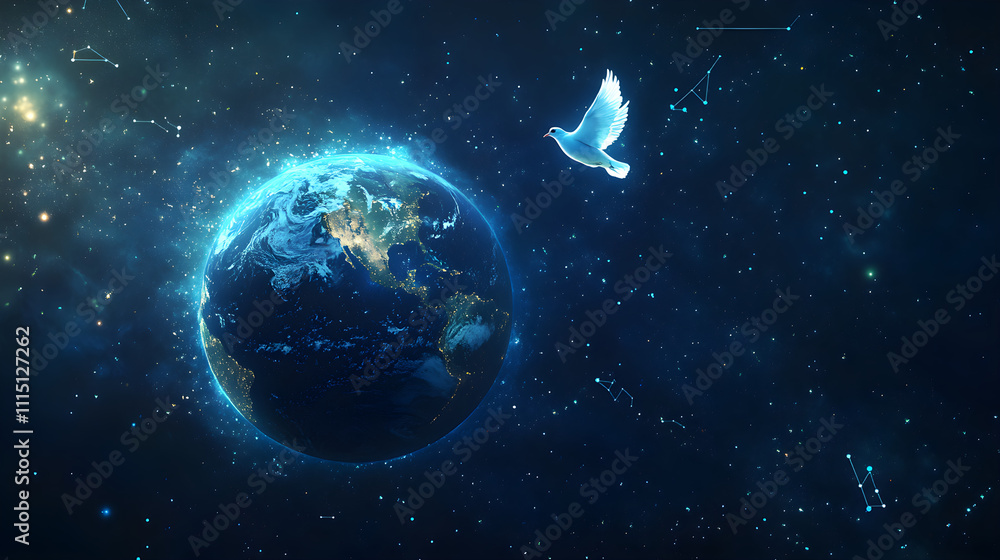 Obraz premium World Peaceful Day Earth with Flying White Dove on a Peaceful Blue Background Global Peace Concept
