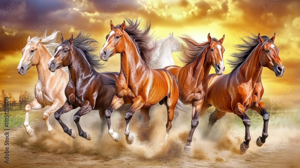 Obraz premium Majestic horses galloping across a golden sunset landscape