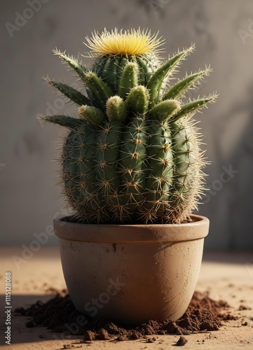 Prickly Astrophytum cactus in a pot with lush green soil and indirect sunlight, desert plant, succulent photo