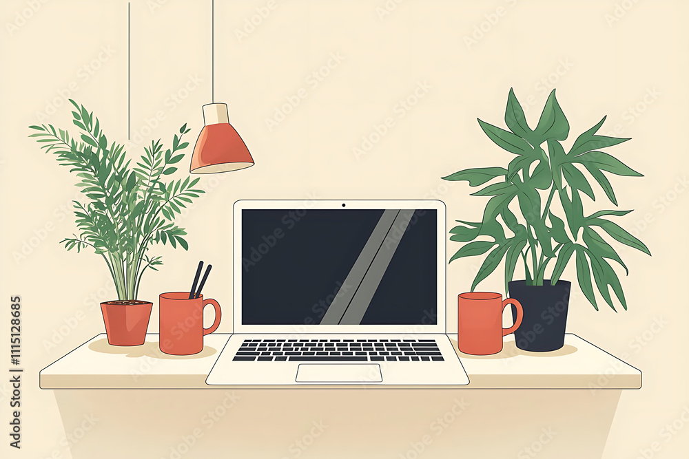 Fototapeta premium Office Harmony: Plants and Computers
