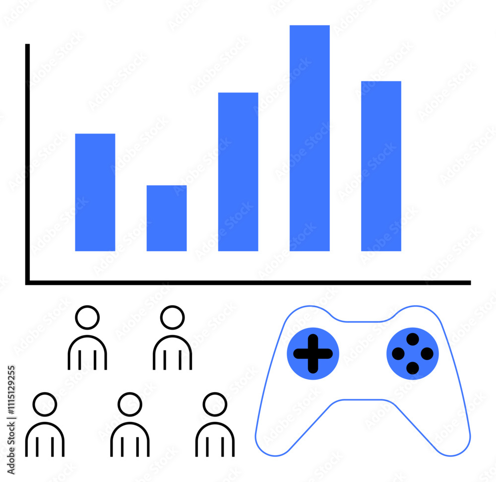 Obraz premium Bar chart, game controller, user icons. Ideal for gaming analytics, user engagement, market trends, data insights, gamer statistics, business growth. Line metaphor