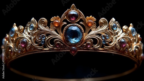 Vintage Style Golden Crown with Ornate Designs and Embedded Gemstones for a Regal Luxurious Look  Featuring a classic intricate pattern with small gems set into the golden structure for a stunning