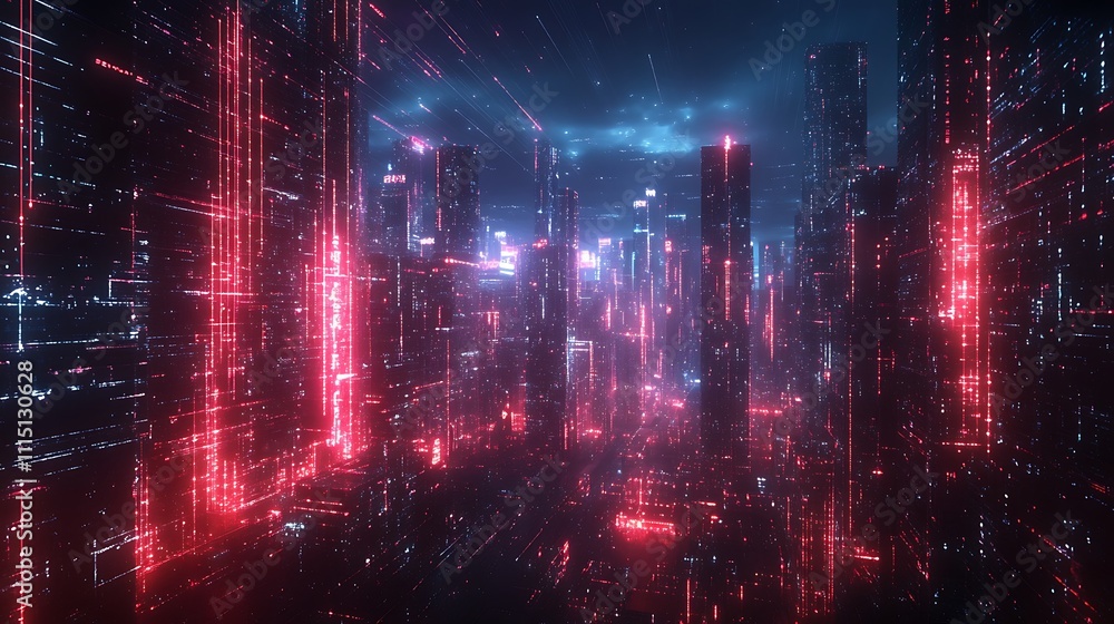 Obraz premium Futuristic cityscape with neon lights urban environment digital art