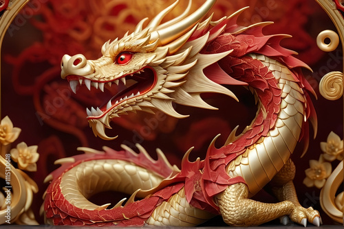 Wallpaper Mural A golden dragon intertwined with a circular Chinese zodiac wheel, with glowing zodiac symbols radiating light against a vibrant red background. Chinese New Year illustration Torontodigital.ca