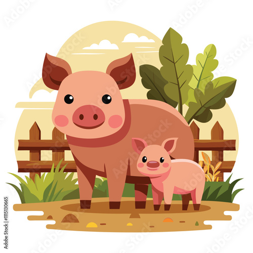 Cartoon Pig Family Illustration - Farm Scene with Cute Pig and Piglet"