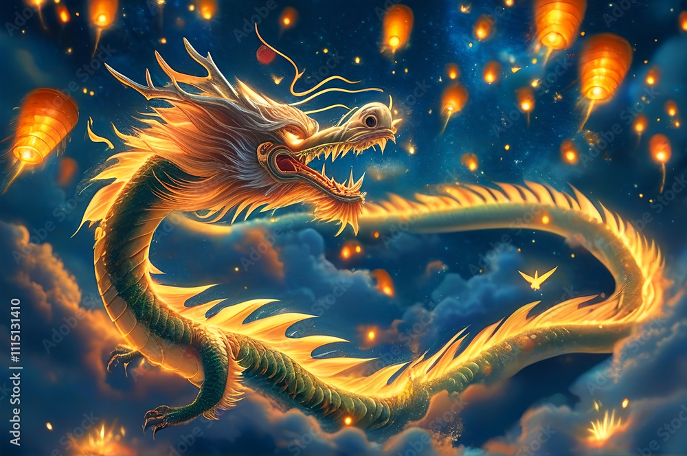Fototapeta premium A radiant golden dragon soaring majestically through swirling red clouds, with fiery sparks trailing from its claws and glowing lanterns illuminating the background. Chinese New Year concept