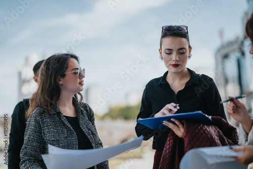 A group of confident business people discussing documents and ideas in an outdoor setting. They are engaged and focused, representing leadership and teamwork. Ideal for concepts related to photo