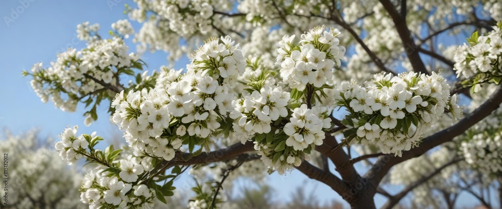 An Asian pear tree in full bloom with white flowers, flowering tree branches, spring flowers on tree An Asian pear tree in full bloom with white flowers, flowering tree branches, spring flowers on tree