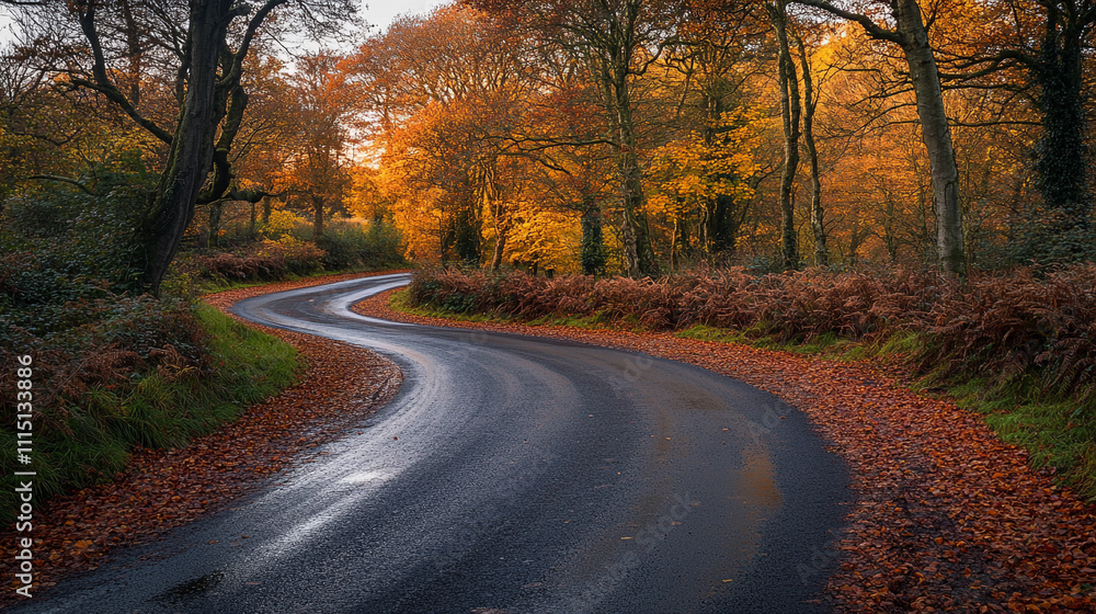 Winding road through autumn foliage showcasing vibrant orange and brown leaves Winding road through autumn foliage showcasing vibrant orange and brown leaves