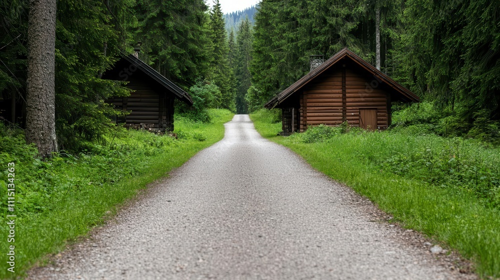 Narrow village road leading through a woodland, traditional wooden cottages, and a serene atmosphere Narrow village road leading through a woodland, traditional wooden cottages, and a serene atmosphere