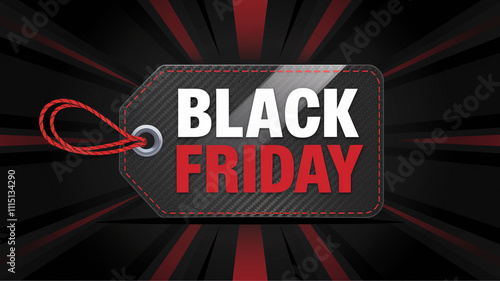 Black Friday promotion tag with red string and carbon fiber texture on a black and red striped background