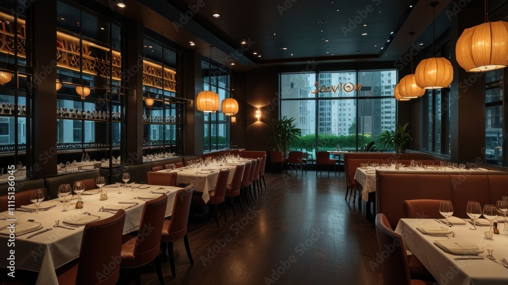 Elegant restaurant interior with tables, chairs, and windows overlooking a city view. Elegant restaurant interior with tables, chairs, and windows overlooking a city view.