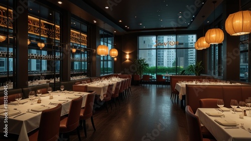 Elegant restaurant interior with tables, chairs, and windows overlooking a city view.