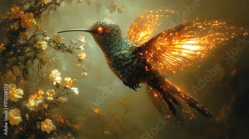 Magical hummingbird hovering near glowing flowers
