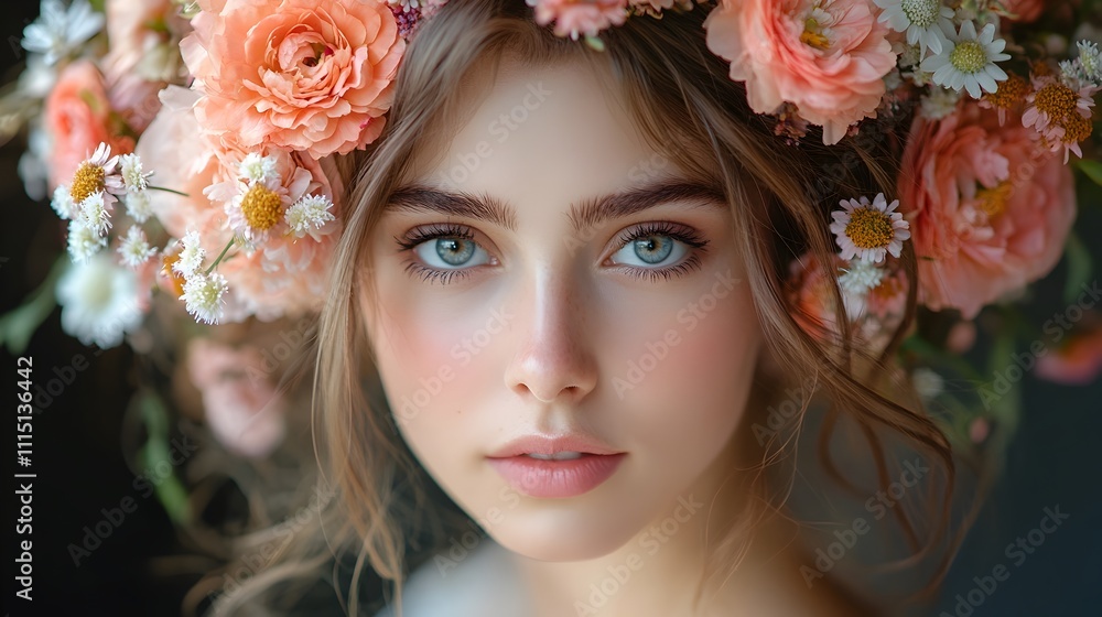 Naklejka premium Exquisite floral crown created with a lush arrangement of colorful blossoms including peonies and daisies offering a whimsical garden inspired look perfect for special occasions events