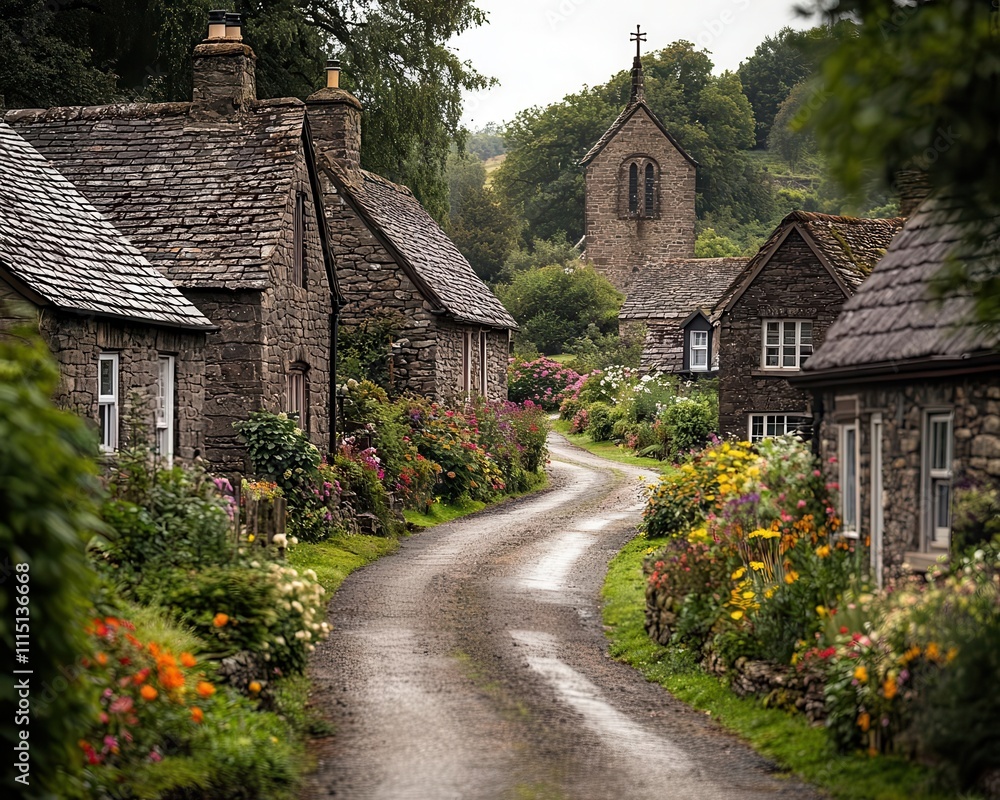Winding village road with a stone church, traditional cottages, and vibrant flower gardens Winding village road with a stone church, traditional cottages, and vibrant flower gardens