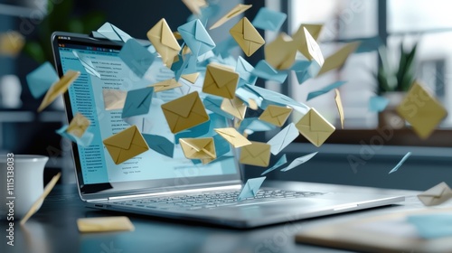 Laptop displaying a visually exaggerated inbox overload, with hundreds of envelope icons pouring out into the air