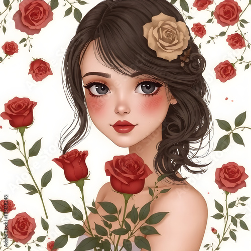 Wallpaper Mural Una linda chica con varias rosas rojas rodeandola por todos lados Torontodigital.ca