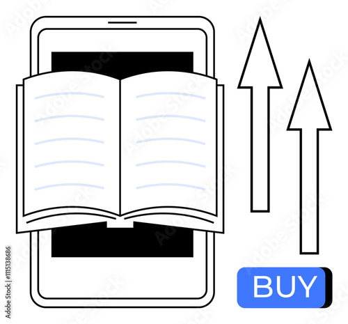 Open book displayed on a smartphone screen with upward arrows and a buy button. Ideal for digital reading, online education, e-commerce, mobile growth, publishing, technology, and online shopping