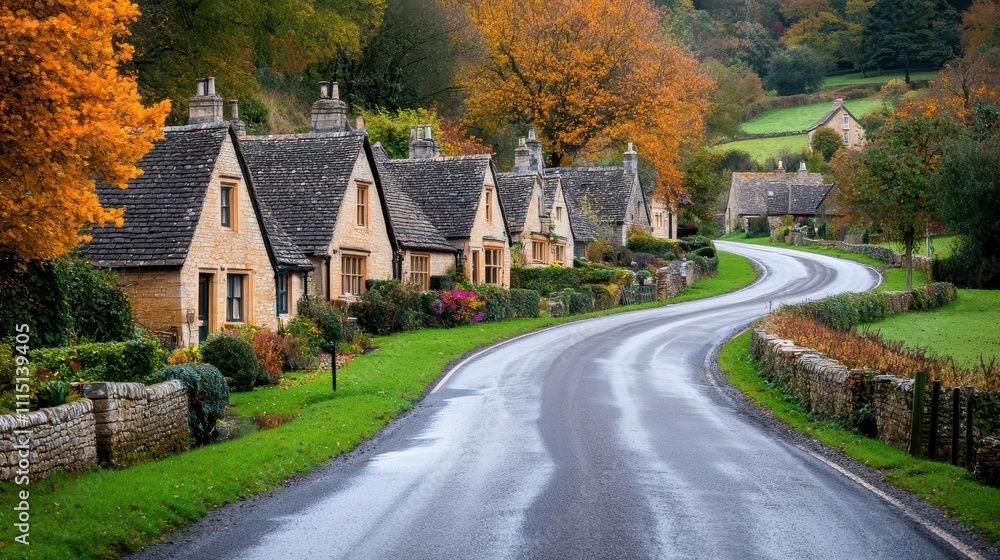 Fototapeta premium Country village road with a gentle curve, traditional cottages, and a flowing stream beside