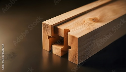 Wooden beam mortise and tenon joint assembly, detailed close-up, 3D illustration, woodwork, carpentry, technique.