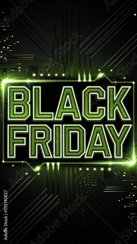 Black Friday tech banner with glowing neon circuit theme and green light on dark background