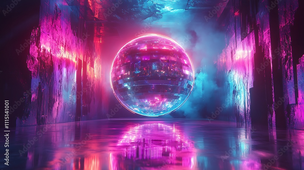 Obraz premium Vibrant neon sphere in mystical environment digital art abstract