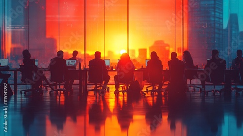 Business team meeting in a modern office, vibrant colors, creative background, silhouettes of people sitting around a table with laptops and documents on it, colorful gradient glass walls,