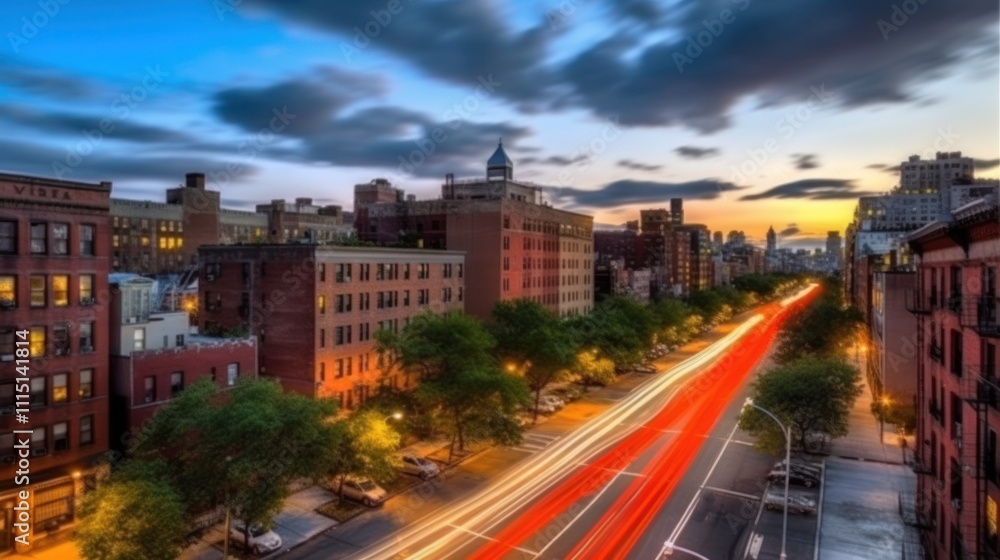 Fototapeta premium A cityscape at twilight with light trails from vehicles on a busy street.